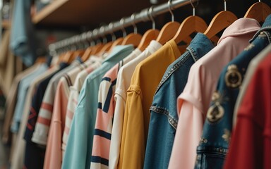 Vintage second hand clothes hanging on shop rack at weekly flea market - Hipster wardrobe sale concept and alternative retro moda fashion styling - Soft desaturated nostalgic filtered look