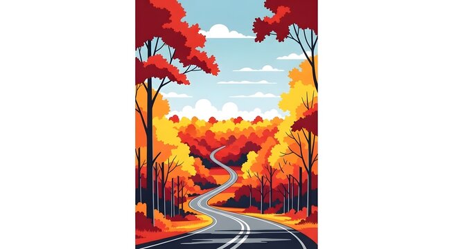 Vibrant autumn road winding through colorful trees with red, orange and yellow foliage under blue sky