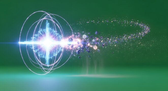 Abstract light burst with circles and particles on a green background creating a dynamic effect