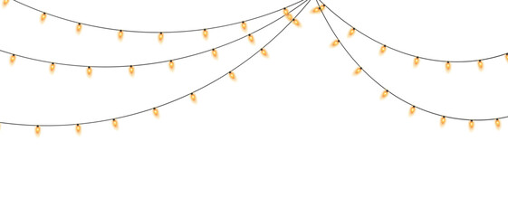 Christmas string lights, shiny, festive, soft yellow bulbs. Warm, glowing string lights hanging on black wires, Twilight glow creating a cozy, perfect for celebrations, parties holiday decorations. © Thuin_prodesign