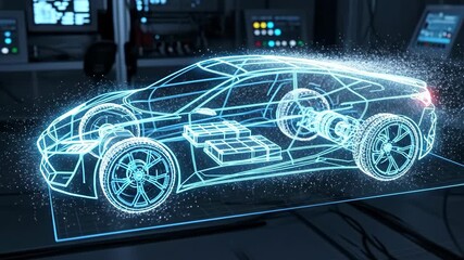A 3D model of a futuristic car, glowing blue lines, reveals components, electric engine. Sparkles enhance the digital design - Powered by Adobe