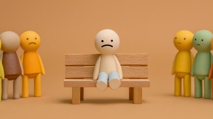 bullying, exclusion, rejection, discrimination, Isolated Clay Figure on Bench Symbolizing Introversion and Rejection, with Copy Space for Text