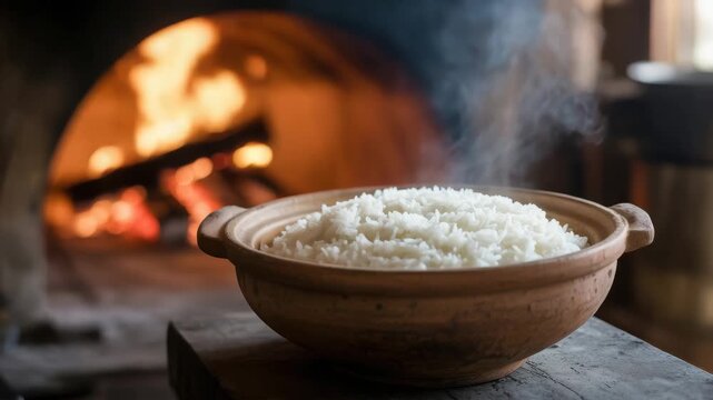 Steaming bowl of rice near crackling fire brings a warm and comforting feeling to any food project