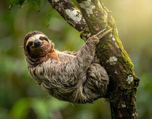 Fototapeta premium Close-up of a smiling sloth hanging from a moss-covered tree branch