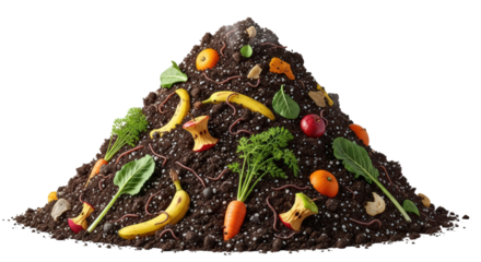 Compost Pile with Earthworms Fruits and Vegetables isolated on Transparent Background