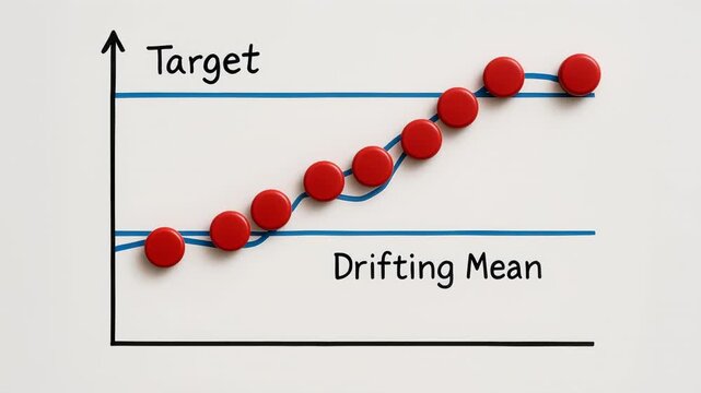 Rising manufacturing industry quality control process chart trend graph with drifting mean, red markers and blue trend line conveying progress toward