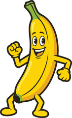 Happy banana cartoon character dancing with cheerful expression on white background