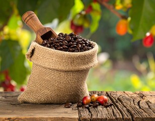 Close-up of coffee beans spilling from a burlap sack on wood