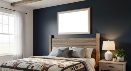 Cozy Bedroom With Dark Blue Walls Rustic Wood Bed And Quilt Sunlight Through Window