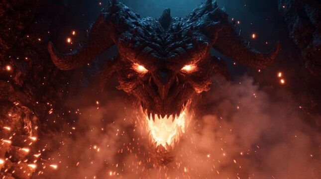 Menacing Dragon Head with Glowing Eyes Emerging from Lava