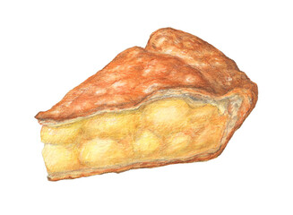 りんごたっぷりカットアップルパイ　水彩色鉛筆イラスト