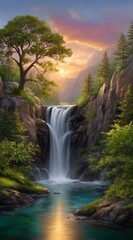 Fototapeta premium Beautiful waterfall flowing between forest cliffs at sunset, tranquil landscape with glowing sky, green trees and crystal clear water 