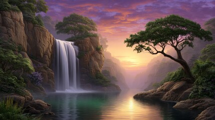 Beautiful waterfall flowing into a calm turquoise river at sunset surrounded by lush cliffs and trees, peaceful tropical landscape with golden light and tranquil atmosphere