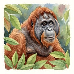 Obraz premium Watercolor painting of an orangutan surrounded by green leaves, showcasing its expressive face and reddish-brown fur.