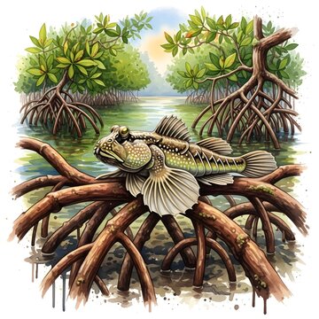 Watercolor painting of a mudskipper fish resting on mangrove roots in a swampy environment.