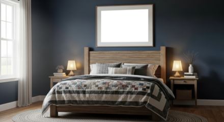 Cozy Bedroom With Wooden Bed And Dark Blue Walls Warm Lighting And Framed Art Space