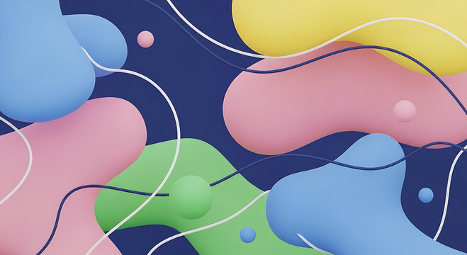 Fun and playful abstract background with smooth, 3D organic or liquid blob shapes in pastel colors (blue, pink, yellow, green) against a dark navy background. Accented with thin, stylized, flowing