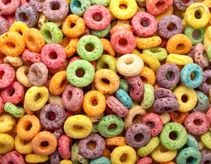 Close-up of colorful, circular cereal pieces in various colors