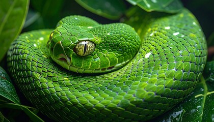 Close-up of coiled, vibrant green reptile with intense gaze