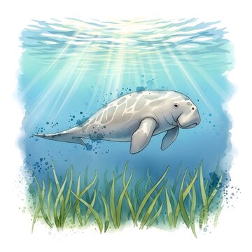 Illustration of a dugong swimming underwater with sunlight filtering through the water and seagrass below.