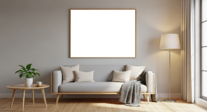 Cozy Living Room Scene With A Blank Square Frame On A Neutral Wall And A Modern Sofa