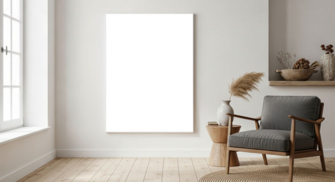 Cozy Living Room Scene With A Blank Canvas And A Comfortable Armchair Near A Window