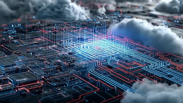 Futuristic digital landscape with glowing circuits and clouds, depicting advanced technology and innovation