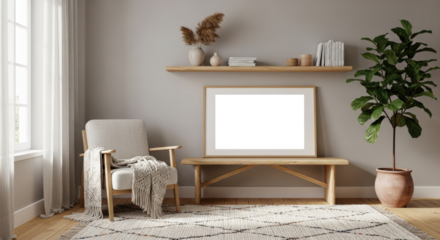 Cozy Living Room Scene with Armchair Bench and Plant Natural Light Mockup