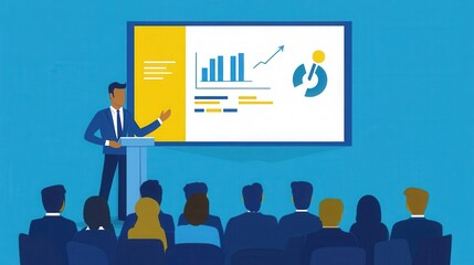 A speaker presenting business data to an audience in a conference room