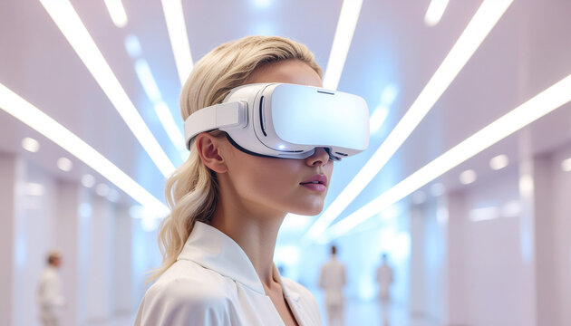 A blonde woman in a lab coat wears a glowing white VR headset in a bright, futuristic hallway, symbolizing innovation and advanced research.