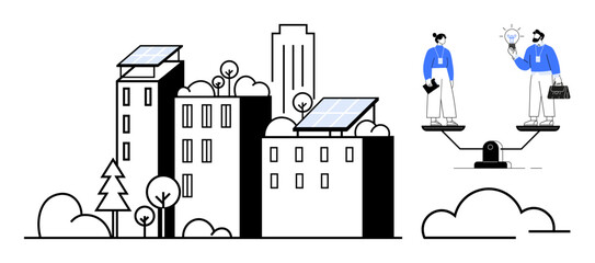 City buildings with solar panels surrounded by trees, business people balancing ideas and initiatives. Ideal for sustainability, innovation, teamwork, renewable energy, environment, business balance