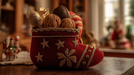 Nikolaustag Still Life Traditional German Christmas Stocking Filled with Nuts and Sweets, Festive Treats for a Joyful Celebration