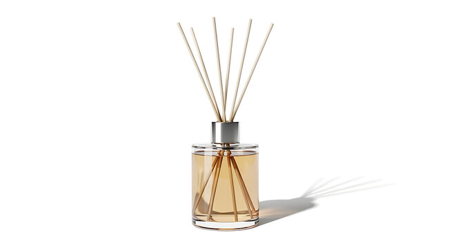 Glass Reed Diffuser Bottle with Amber Liquid and Wooden Reeds on White Background fragrance aroma
