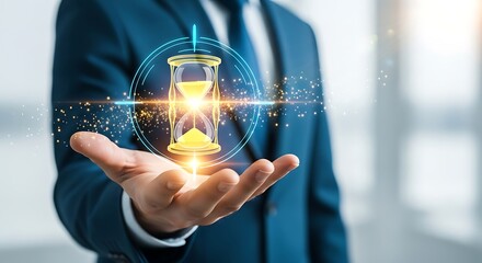 Businessman presenting digital hourglass, managing time and future