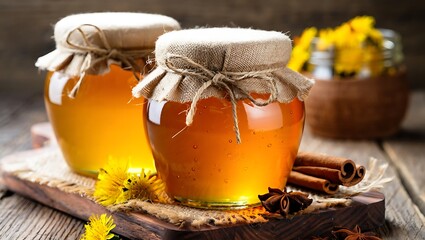 Golden honey in glass jars with rustic lids and spices