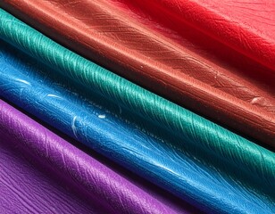 Close-up of colorful, textured fabric layers, angled, varying hues