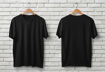black t-shirt hanging on a hanger, isolated on a white brick wall background. mockup template, showing the front and back side views.