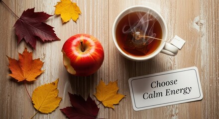 A red apple with a bite next to a cup of tea and autumn leaves on wooden surface