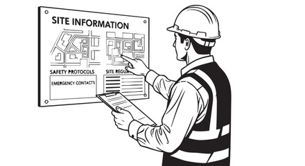A construction worker in a hard hat reviews site information, pointing at a blueprint on a wall, holding a clipboard for documentation.