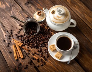 Coffee and brewing ingredients artfully arranged on wood