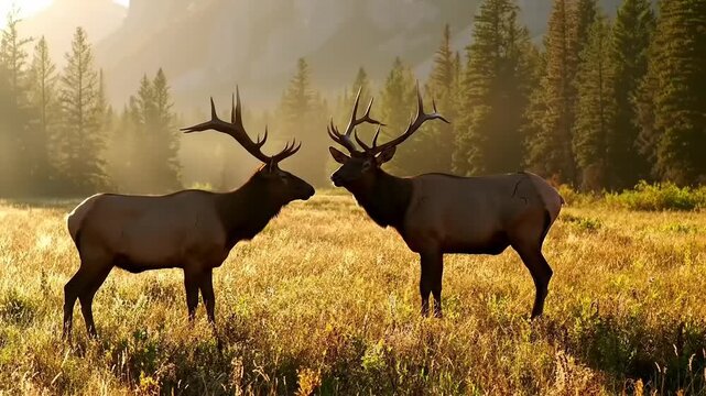 Two majestic elk in natural habitat with antlers in golden sunlight