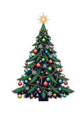 Fototapeta premium Festive Christmas Tree Illustration with Shining Star Topper, Colorful Baubles, Candy Canes, and Falling Snowflakes on White ,transparent /PNG Background 