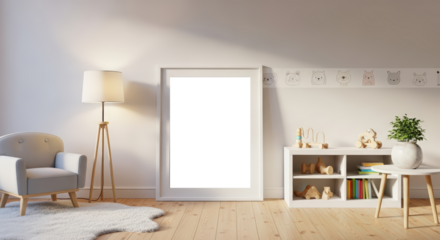 Cozy nursery corner with armchair and empty frame in soft morning light