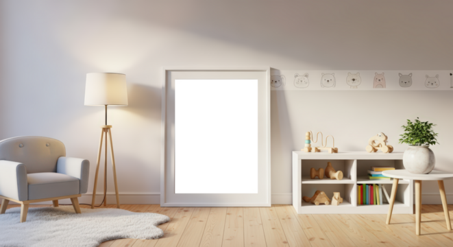 Cozy nursery corner with armchair and empty frame in soft morning light