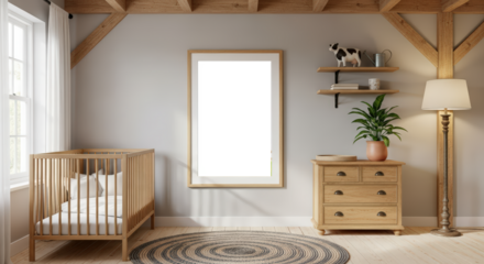 Cozy Nursery Room with Crib and Wooden Dresser Natural Light and Farm Animal Decor
