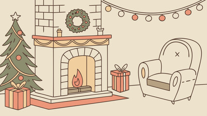 Christmas scene with decorated tree, fireplace, wreath, gifts, lights and comfortable armchair indoors
