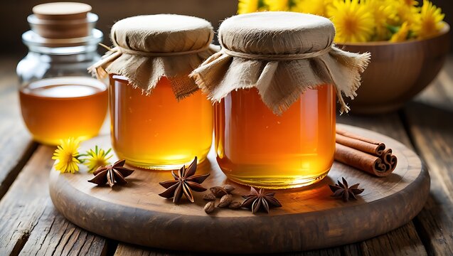 Golden Honey Jars with Dandelions and Anise on Rustic Wooden Board - Powered by Adobe