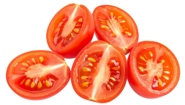 Close-up of Five Halved Red Cherry or Grape Tomatoes Isolated on Transparent Background