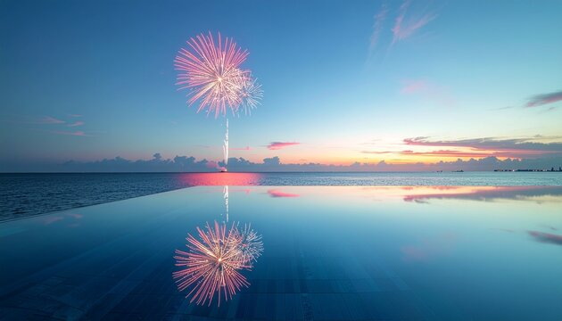 Stunning fireworks display over ocean at sunset mirrored in infinity pool, creating a magical, vibrant celebration scene perfect for vacation promotions