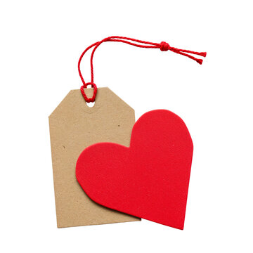 Red heart ornament adorns a kraft paper gift tag with red string for special occasions isolated on transparent background